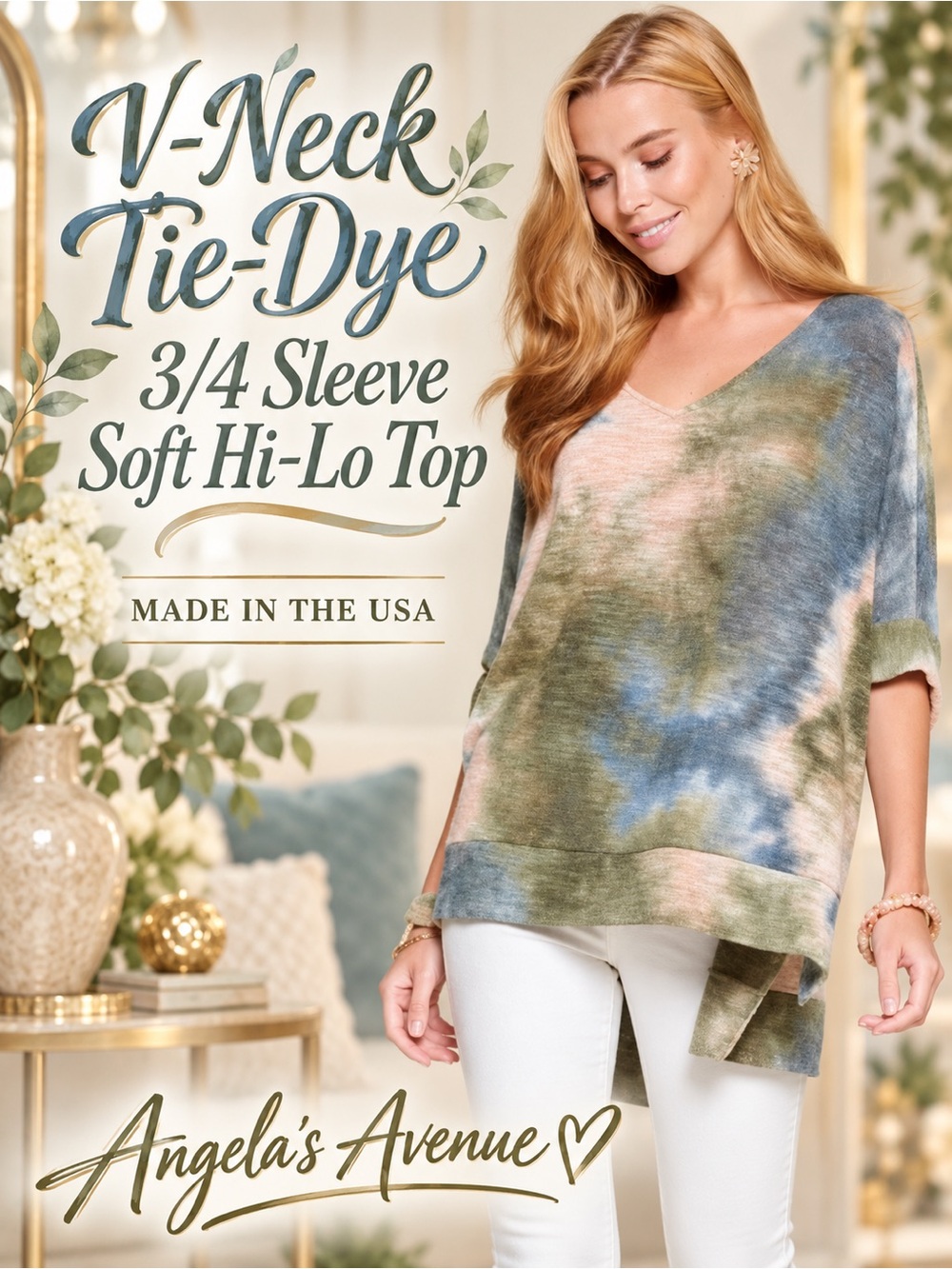 TIE DYE V NECK 3/4 SLEEVE SOFT Hi-Lo TOP NEW